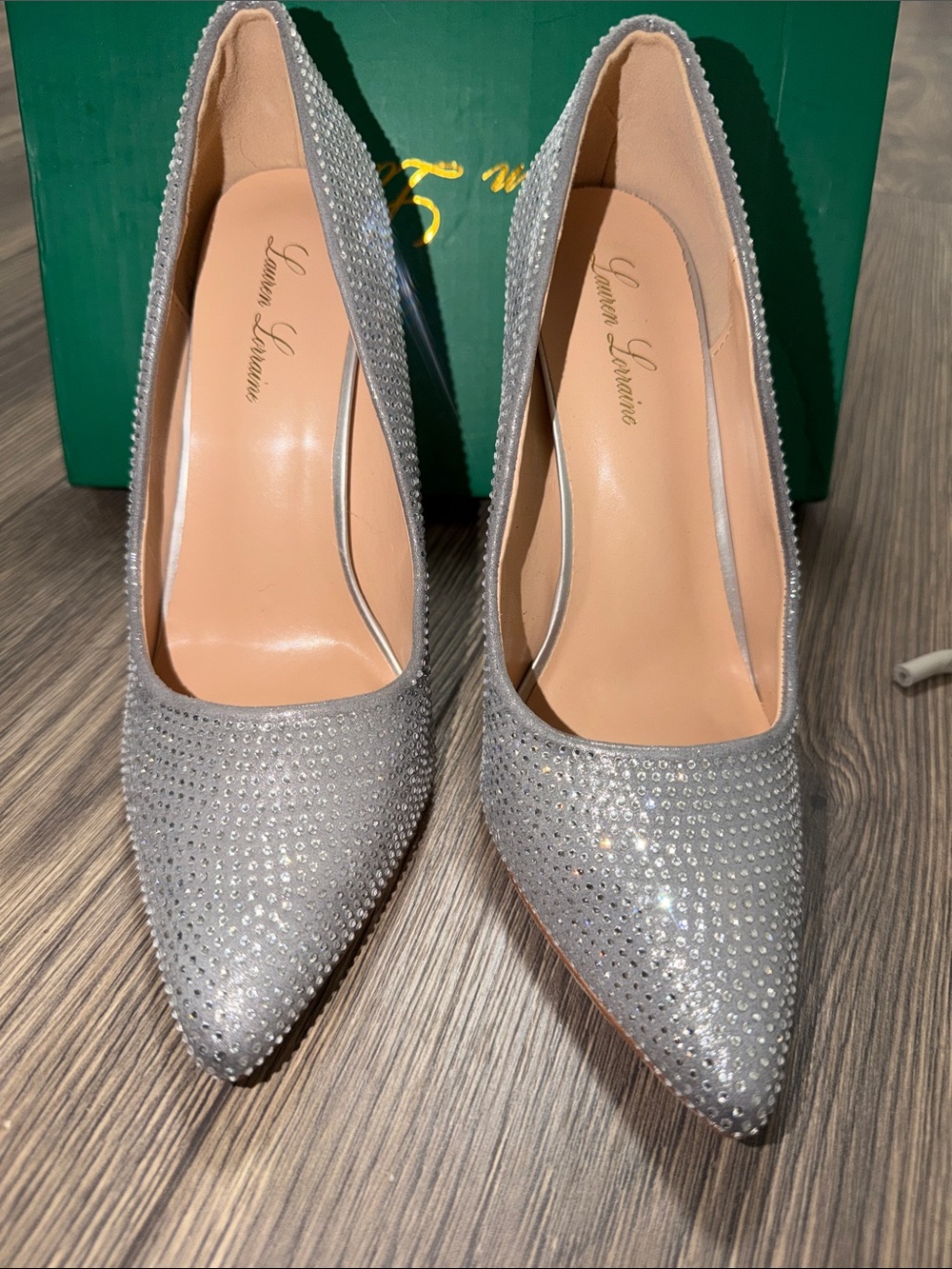 Lauren Lorraine Silver Crystal-Embellished Pointed Toe Pumps